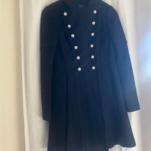 Guess Black Long Pea Coat with Pearl Buttons